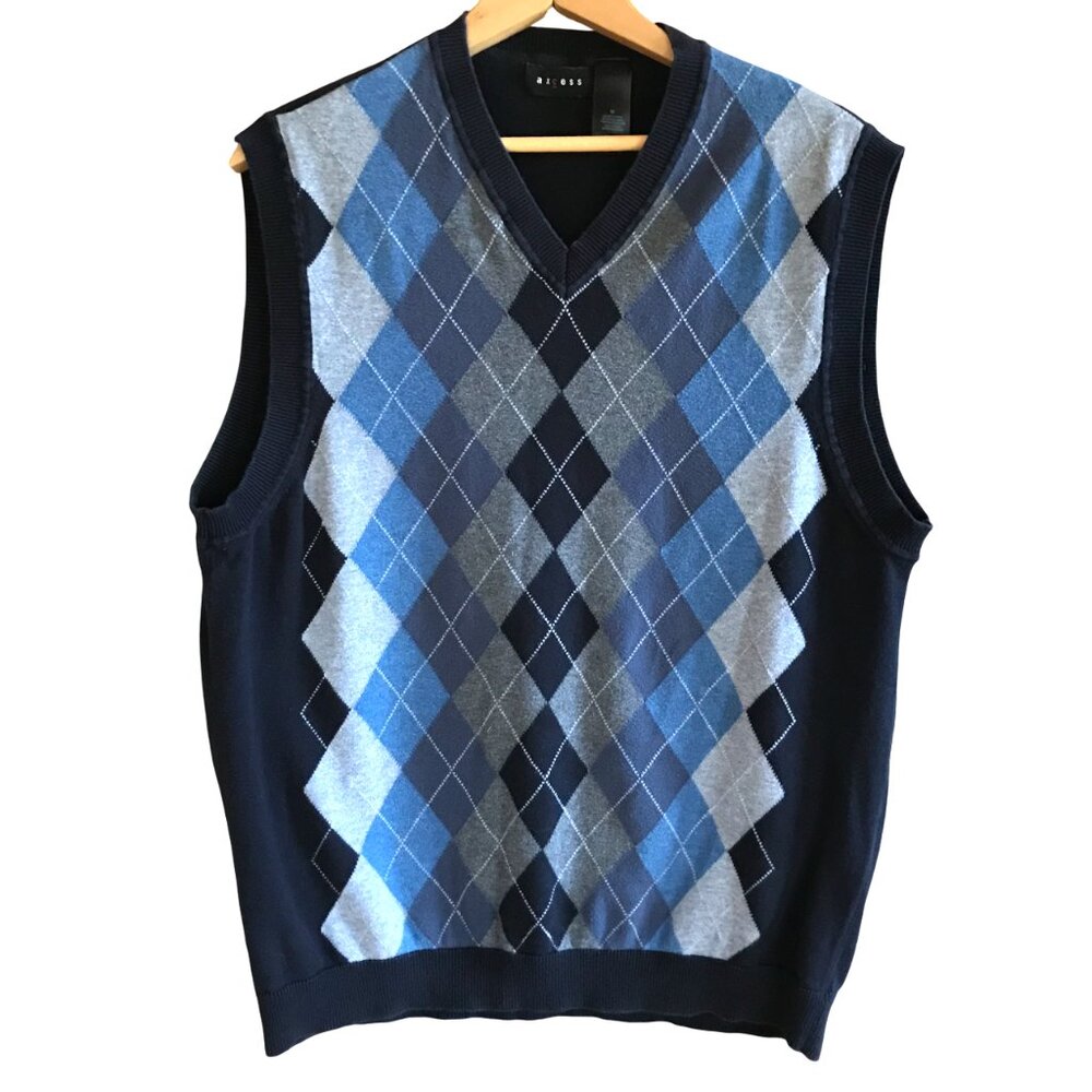 Axcess Blue Argyle Diamond Sleeveless Sweater Vest Cotton Navy Blue Gray Size M